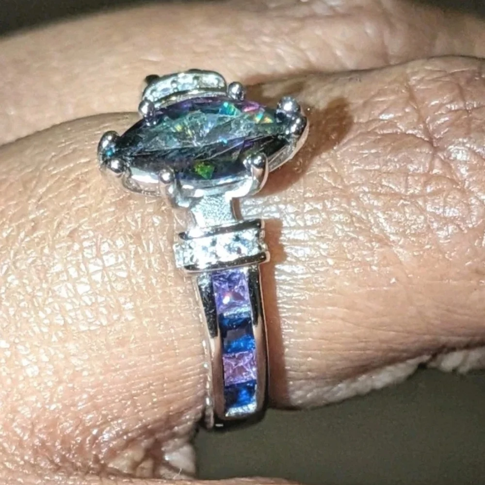 925 Sterling Silver Rainbow Fire Mystical Topaz + Amethyst Wedding Ring Sz 6